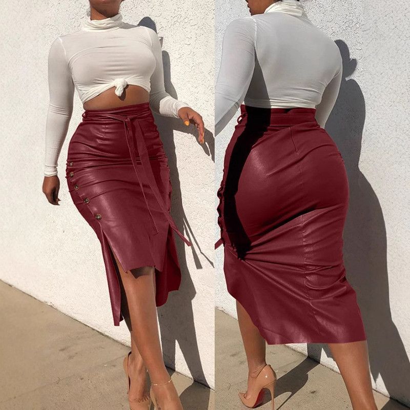 1PC Fashion New Women's Faux Leather Midi Skirt High Waist Button Trim Slim Solid Color Slit Bodycon Pencil Skirt with Belt