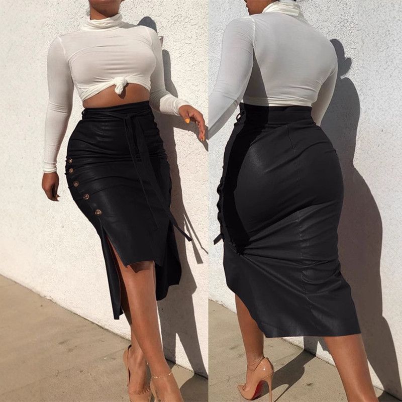 1PC Fashion New Women's Faux Leather Midi Skirt High Waist Button Trim Slim Solid Color Slit Bodycon Pencil Skirt with Belt