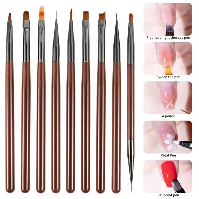 9Pcs UV Gel Nail Art Brush Acrylic Drawing Painting French Line/Flower Pen Nails Tip Gradient Build Light Therapy Manicure Brush