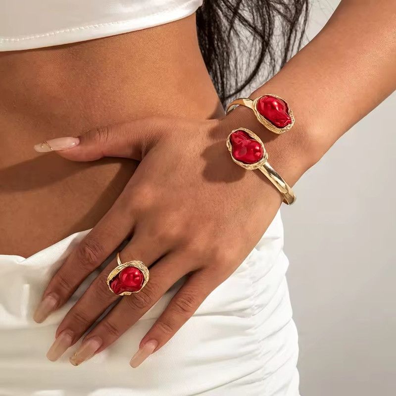 Korean Irregular Elegant Baroque Imitation Pearl Bangles Ring Jewelry Set for Women Chunky Circle Opening Bracelet Gifts