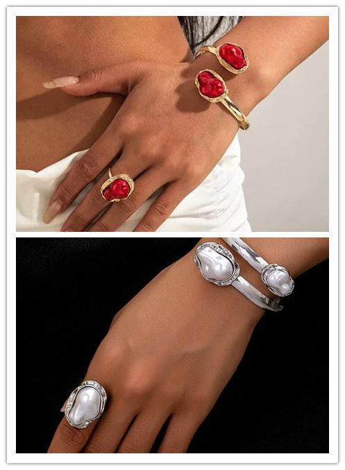 Korean Irregular Elegant Baroque Imitation Pearl Bangles Ring Jewelry Set for Women Chunky Circle Opening Bracelet Gifts