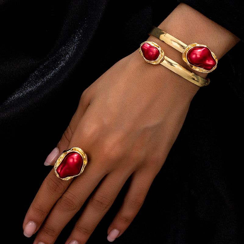 Korean Irregular Elegant Baroque Imitation Pearl Bangles Ring Jewelry Set for Women Chunky Circle Opening Bracelet Gifts