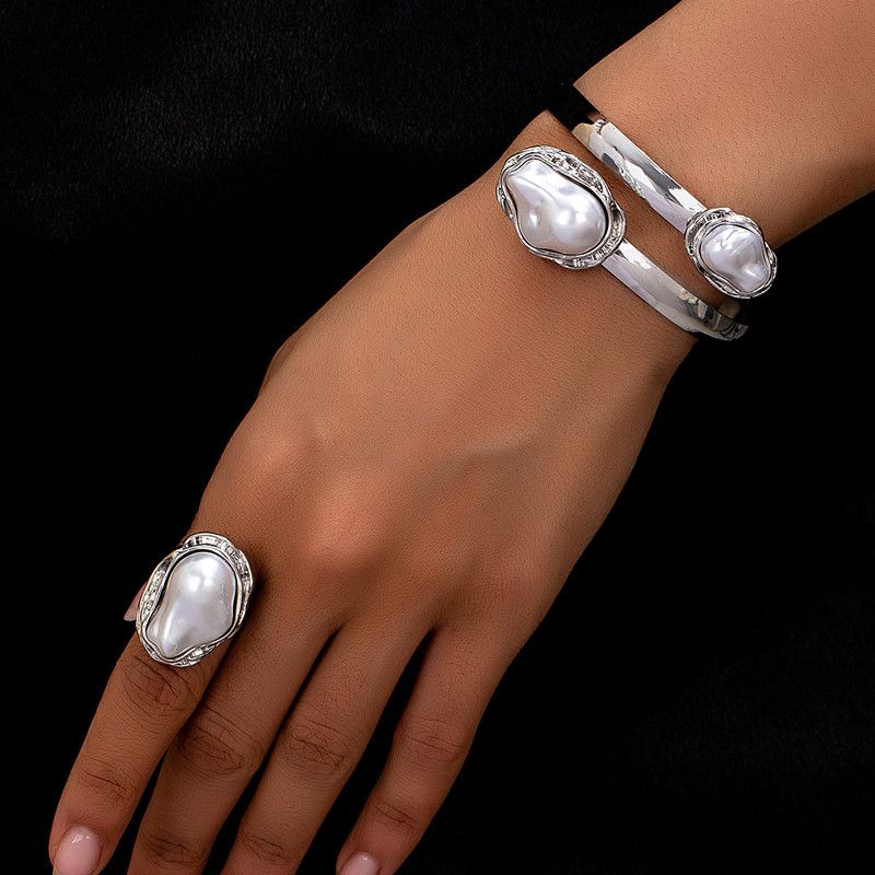 Korean Irregular Elegant Baroque Imitation Pearl Bangles Ring Jewelry Set for Women Chunky Circle Opening Bracelet Gifts