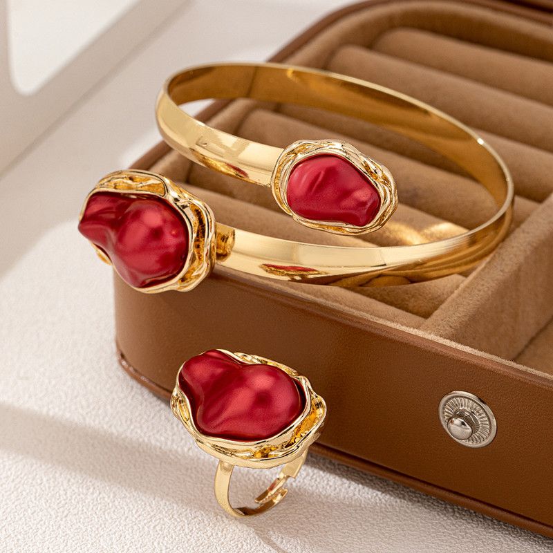 Korean Irregular Elegant Baroque Imitation Pearl Bangles Ring Jewelry Set for Women Chunky Circle Opening Bracelet Gifts