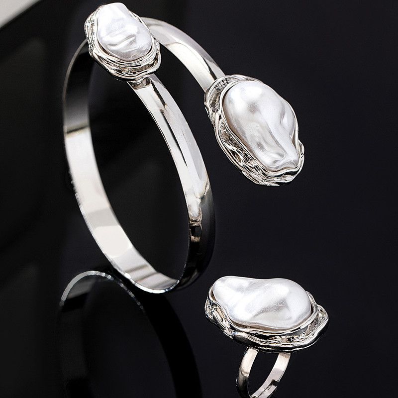 Korean Irregular Elegant Baroque Imitation Pearl Bangles Ring Jewelry Set for Women Chunky Circle Opening Bracelet Gifts