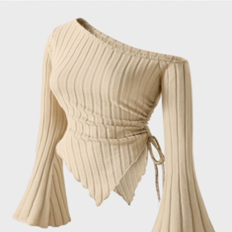 Women's Off Shoulder Skew Collar Long Sleeved Shirt Slim Fit Casual Street Style Asymmetrical Elegant T-shirt Trumpet Sleeve Top