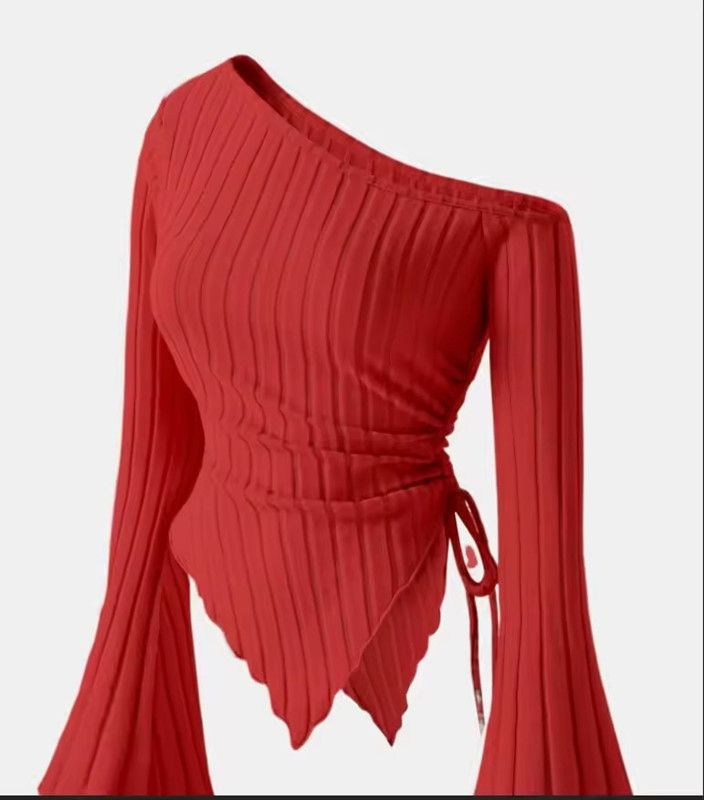 Women's Off Shoulder Skew Collar Long Sleeved Shirt Slim Fit Casual Street Style Asymmetrical Elegant T-shirt Trumpet Sleeve Top