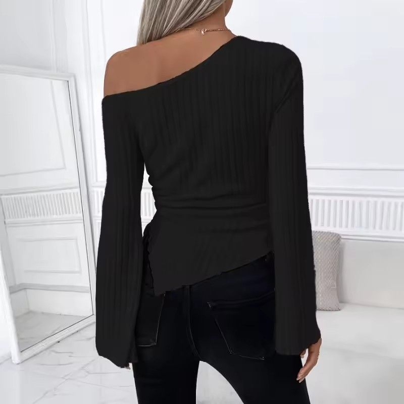 Women's Off Shoulder Skew Collar Long Sleeved Shirt Slim Fit Casual Street Style Asymmetrical Elegant T-shirt Trumpet Sleeve Top