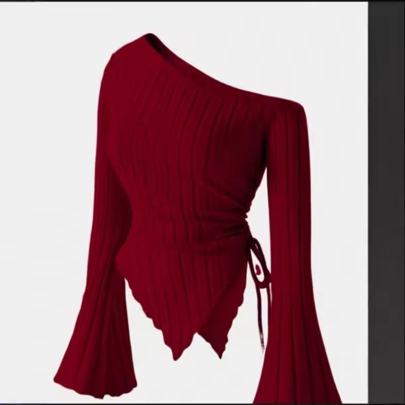 Women's Off Shoulder Skew Collar Long Sleeved Shirt Slim Fit Casual Street Style Asymmetrical Elegant T-shirt Trumpet Sleeve Top