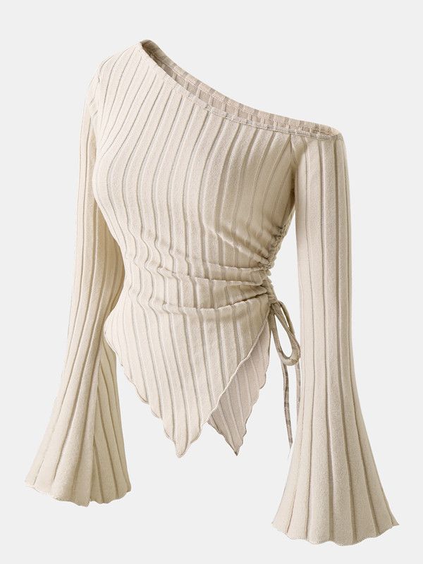 Women's Off Shoulder Skew Collar Long Sleeved Shirt Slim Fit Casual Street Style Asymmetrical Elegant T-shirt Trumpet Sleeve Top