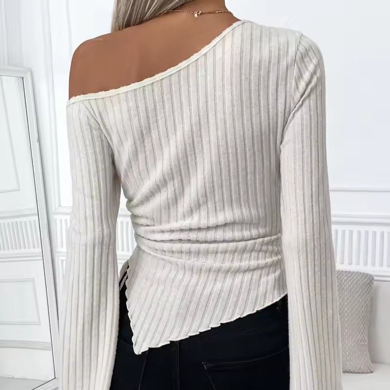 Women's Off Shoulder Skew Collar Long Sleeved Shirt Slim Fit Casual Street Style Asymmetrical Elegant T-shirt Trumpet Sleeve Top