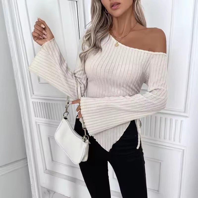 Women's Off Shoulder Skew Collar Long Sleeved Shirt Slim Fit Casual Street Style Asymmetrical Elegant T-shirt Trumpet Sleeve Top
