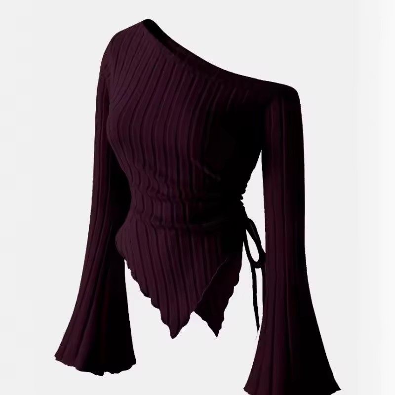 Women's Off Shoulder Skew Collar Long Sleeved Shirt Slim Fit Casual Street Style Asymmetrical Elegant T-shirt Trumpet Sleeve Top