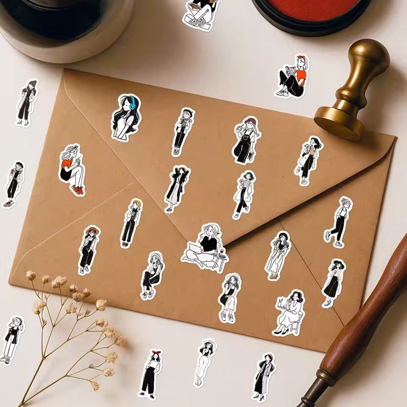 56PCS New Black and White Trendy Girls Stickers Personalized Cute Cartoon Graffiti Toy DIY Guitar Water Cup Skateboard