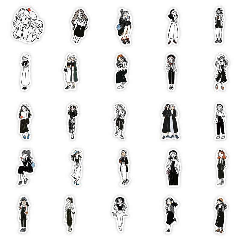 56PCS New Black and White Trendy Girls Stickers Personalized Cute Cartoon Graffiti Toy DIY Guitar Water Cup Skateboard