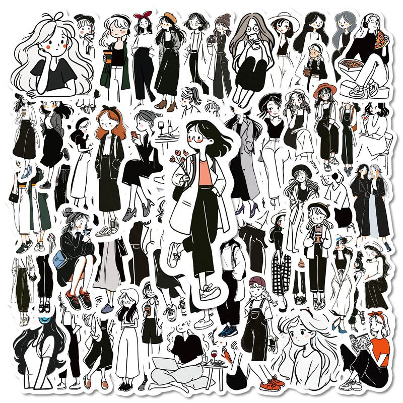 56PCS New Black and White Trendy Girls Stickers Personalized Cute Cartoon Graffiti Toy DIY Guitar Water Cup Skateboard