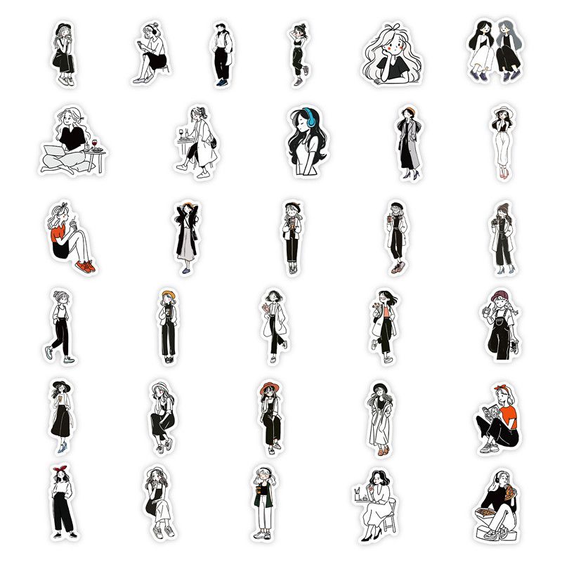 56PCS New Black and White Trendy Girls Stickers Personalized Cute Cartoon Graffiti Toy DIY Guitar Water Cup Skateboard