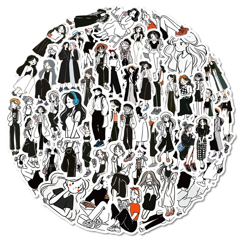 56PCS New Black and White Trendy Girls Stickers Personalized Cute Cartoon Graffiti Toy DIY Guitar Water Cup Skateboard