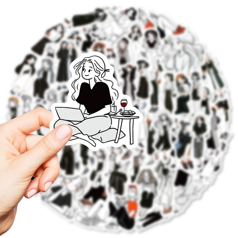 56PCS New Black and White Trendy Girls Stickers Personalized Cute Cartoon Graffiti Toy DIY Guitar Water Cup Skateboard