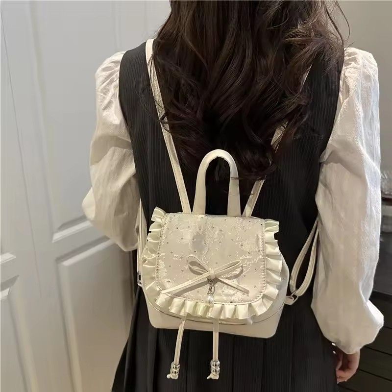 2026 Autumn New Japanese Bud Tied Sweet Cute Bow Lace Lolita Backpack Sweetheart Girl Fashion Casual Small Backpack for Women