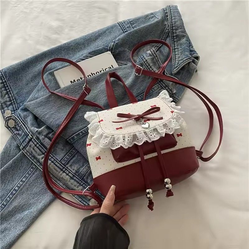 2026 Autumn New Japanese Bud Tied Sweet Cute Bow Lace Lolita Backpack Sweetheart Girl Fashion Casual Small Backpack for Women