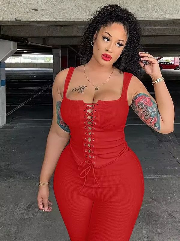 Sexy Club 2 Piece Set Women Outfit Rib Lace-up Crop Top and Matching Leggings 2026 Summer Trendy Female Going Out Two Piece Sets