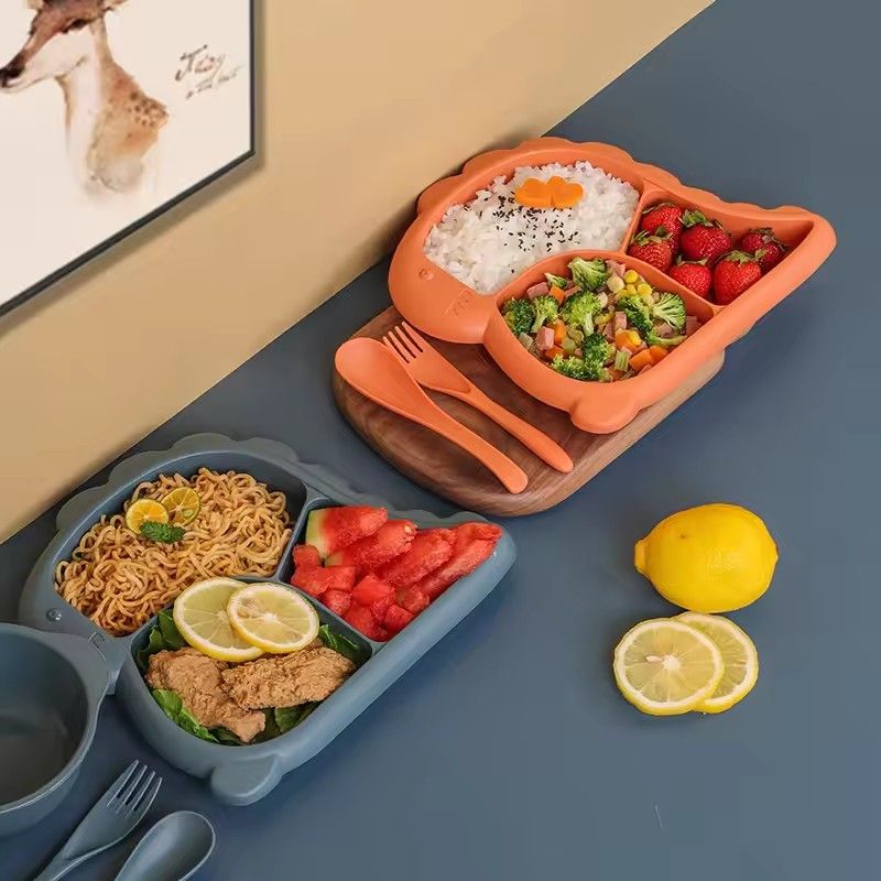 4Pcs Baby Silicone Feeding Set Children Bowl Dining Plate Spoon Fork Set Kid Waterproof Kitchenware BPA Free Baby Stuff