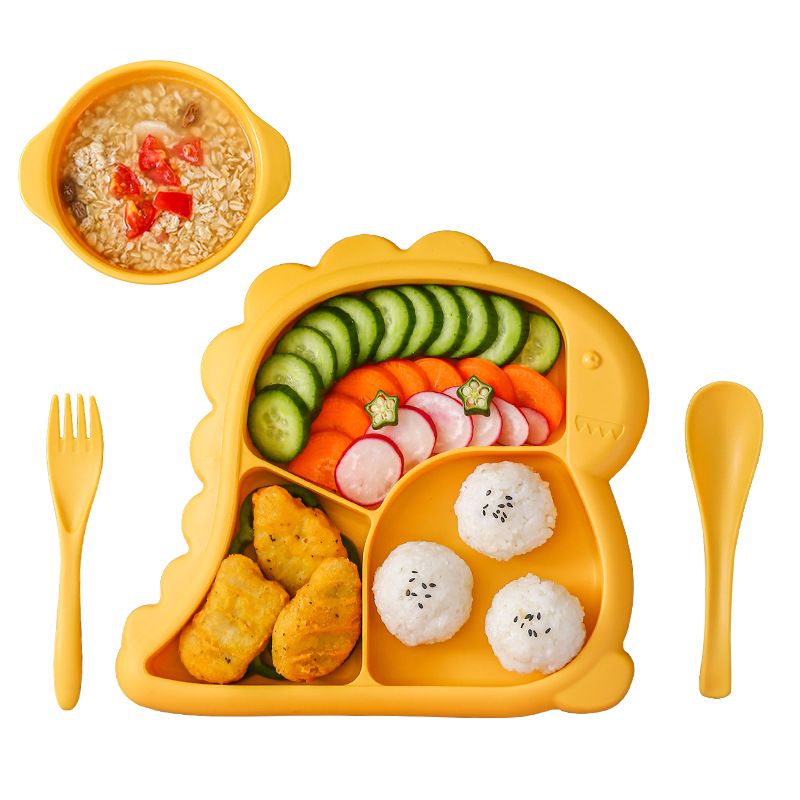 4Pcs Baby Silicone Feeding Set Children Bowl Dining Plate Spoon Fork Set Kid Waterproof Kitchenware BPA Free Baby Stuff