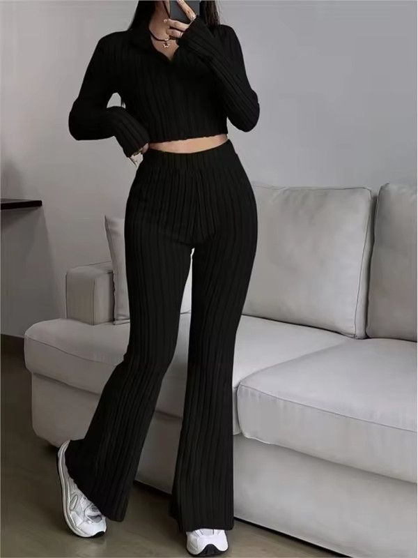Fashion Knitted Ribbed Trousers 2 Piece Set Women Casual Zipper Long-sleeved Cropped Top + High-waisted Flared Pants Female Suit