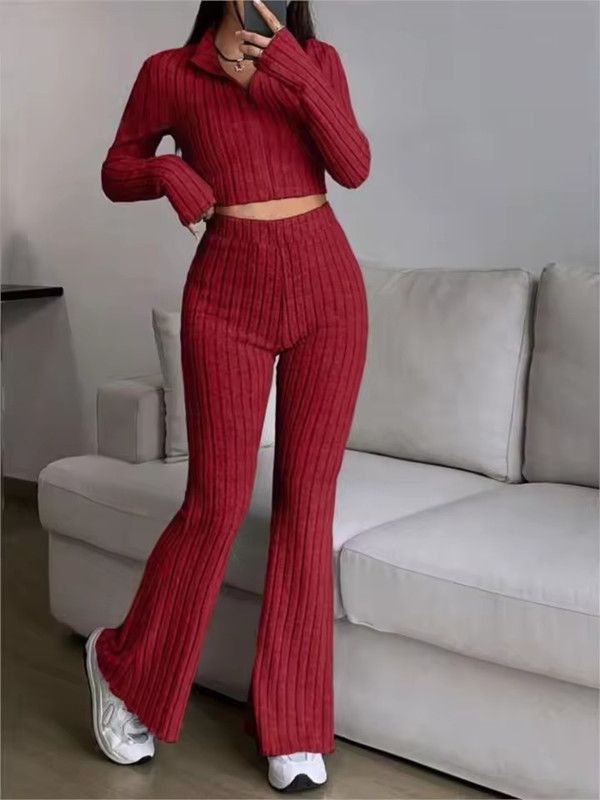 Fashion Knitted Ribbed Trousers 2 Piece Set Women Casual Zipper Long-sleeved Cropped Top + High-waisted Flared Pants Female Suit