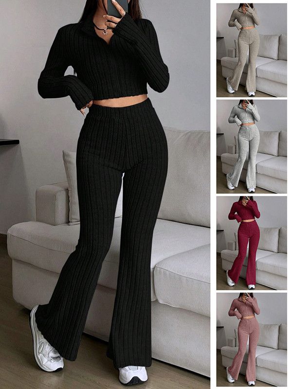 Fashion Knitted Ribbed Trousers 2 Piece Set Women Casual Zipper Long-sleeved Cropped Top + High-waisted Flared Pants Female Suit