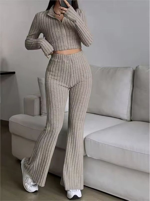 Fashion Knitted Ribbed Trousers 2 Piece Set Women Casual Zipper Long-sleeved Cropped Top + High-waisted Flared Pants Female Suit