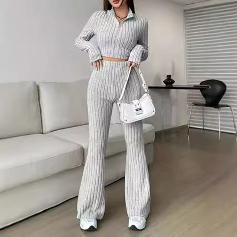 Fashion Knitted Ribbed Trousers 2 Piece Set Women Casual Zipper Long-sleeved Cropped Top + High-waisted Flared Pants Female Suit