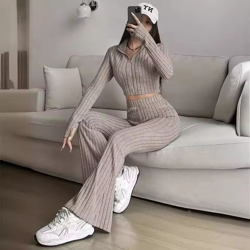 Fashion Knitted Ribbed Trousers 2 Piece Set Women Casual Zipper Long-sleeved Cropped Top + High-waisted Flared Pants Female Suit
