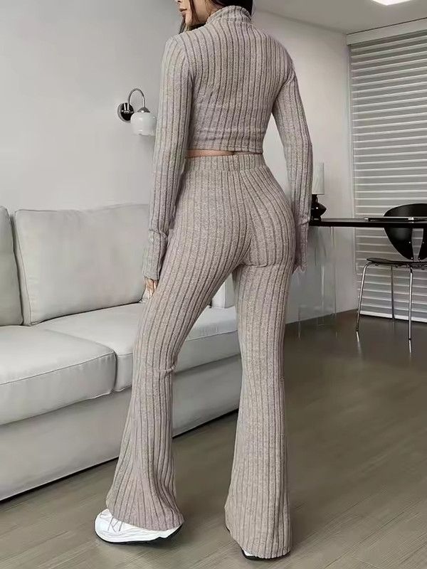 Fashion Knitted Ribbed Trousers 2 Piece Set Women Casual Zipper Long-sleeved Cropped Top + High-waisted Flared Pants Female Suit