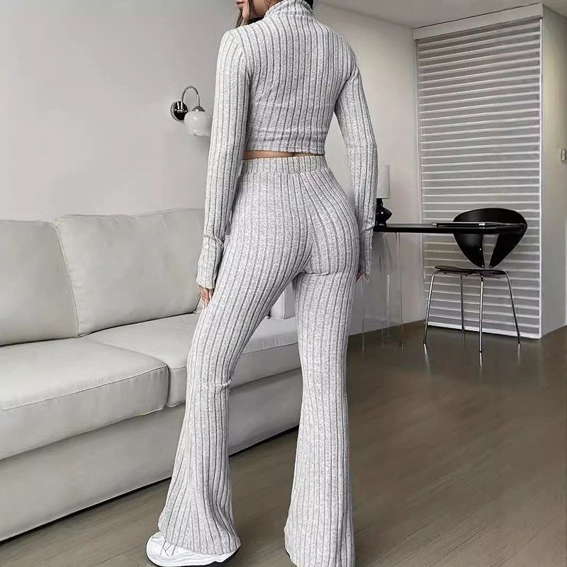Fashion Knitted Ribbed Trousers 2 Piece Set Women Casual Zipper Long-sleeved Cropped Top + High-waisted Flared Pants Female Suit
