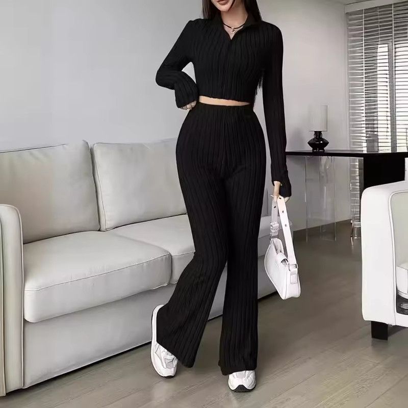 Fashion Knitted Ribbed Trousers 2 Piece Set Women Casual Zipper Long-sleeved Cropped Top + High-waisted Flared Pants Female Suit