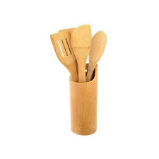 Natural Bamboo Cooking Utensil Set (5-Piece) with Holder – Eco-Friendly Spoons & Spatulas for Non-Stick Cookware ( 4pc Mwiko Cooking set)