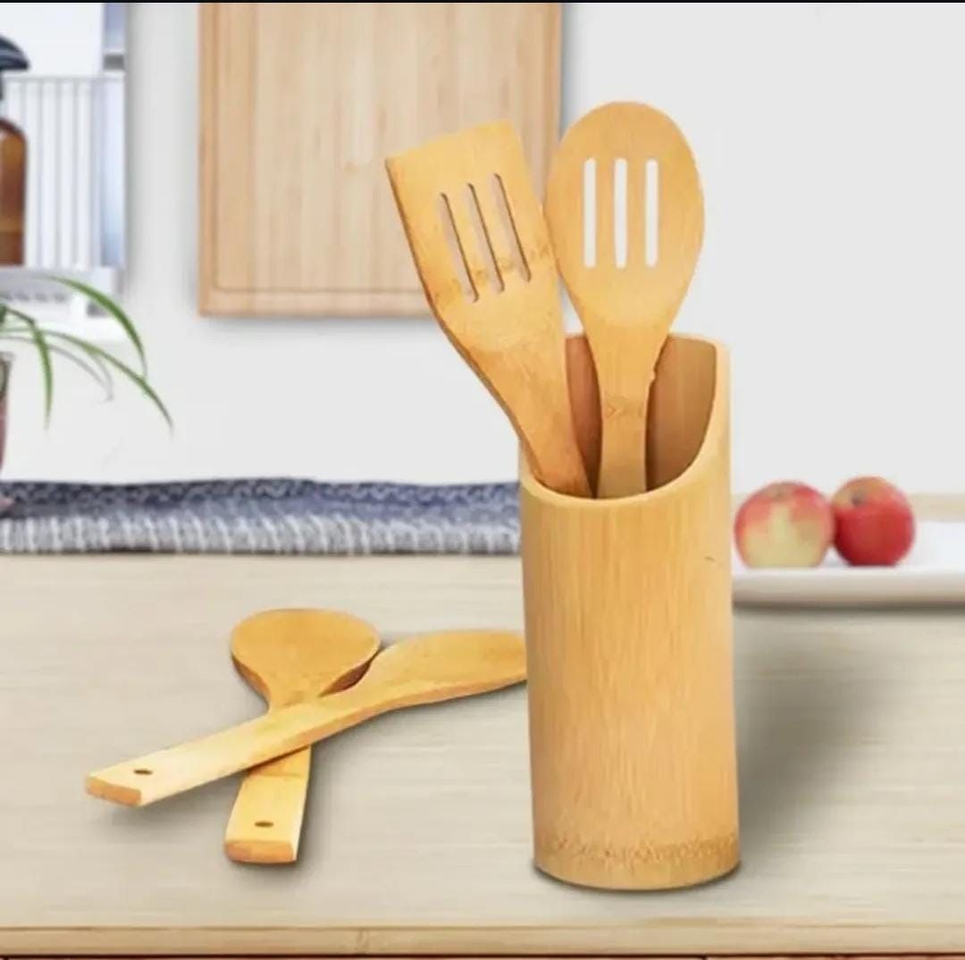 Natural Bamboo Cooking Utensil Set (5-Piece) with Holder – Eco-Friendly Spoons & Spatulas for Non-Stick Cookware ( 4pc Mwiko Cooking set)