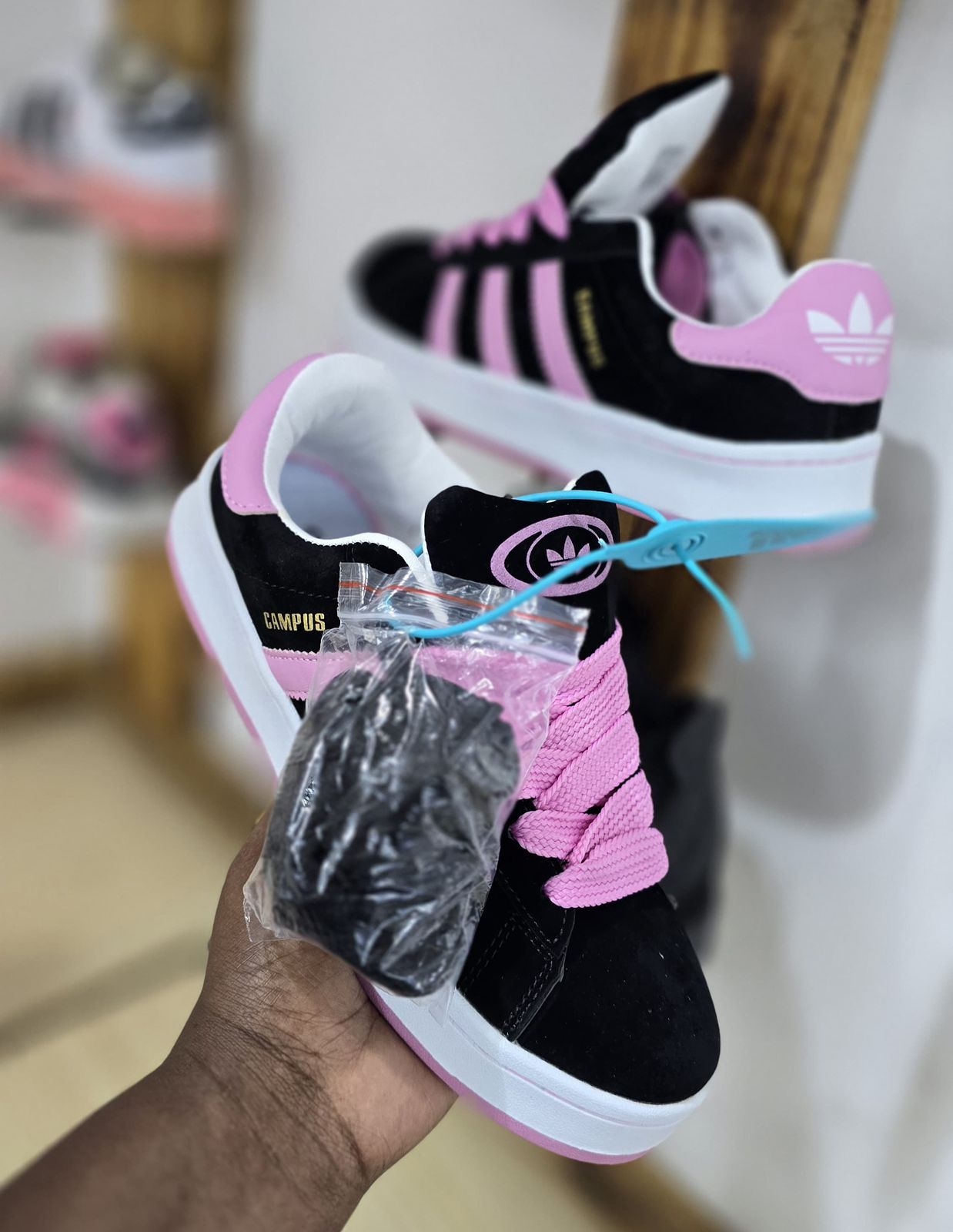 stylish adidas campus available size 37-42 with extra lace
available colours black,black white,blue and pink.