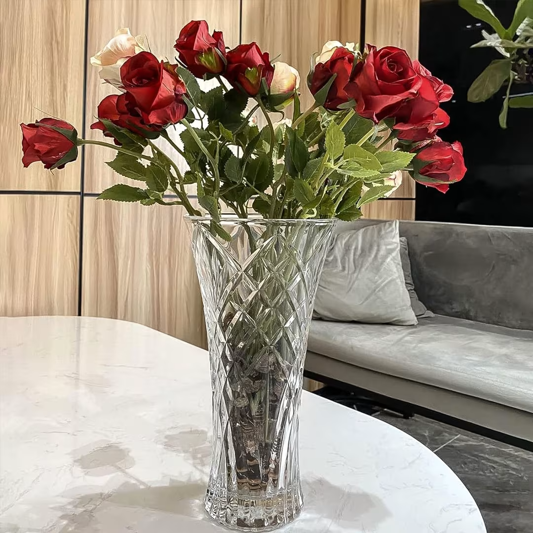 Diamond Patterned Glass Vase 29.5cm.Elevate your space with this elegant 29.5  glass vase, featuring a stunning diamond-cut design that catches light beautifully perfect for flowers.