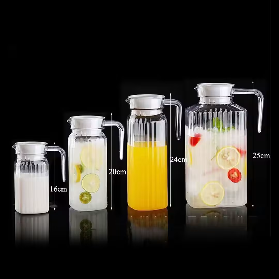 1 pc 1200ml Quadro Glass Fridge Jug. A classic and functional pitcher perfect for water, juice, iced tea, or milk. Designed for both aesthetics and convenience, this jug fits neatly in the fridge.