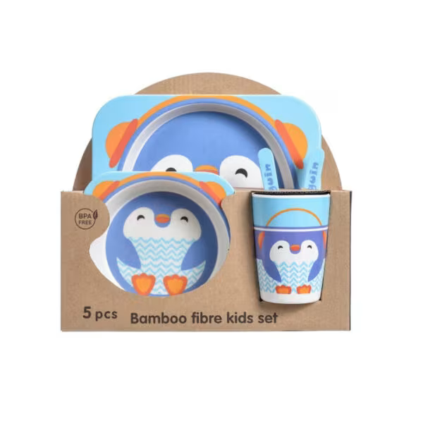5pc Bamboo Fiber Kids Dinner Set.Make mealtime fun and eco-friendly with this adorable Bamboo Fiber Kids Dinner Set Featuring playful animal designs, this 5-piece set is made from natural bamboo fiber