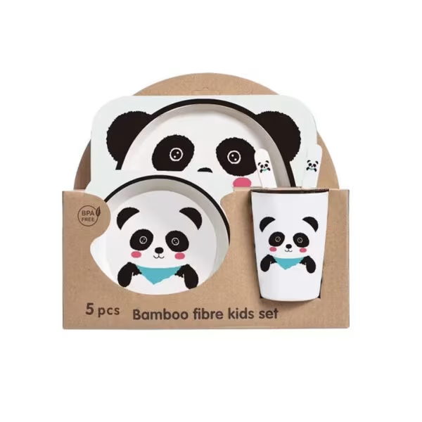5pc Bamboo Fiber Kids Dinner Set.Make mealtime fun and eco-friendly with this adorable Bamboo Fiber Kids Dinner Set Featuring playful animal designs, this 5-piece set is made from natural bamboo fiber