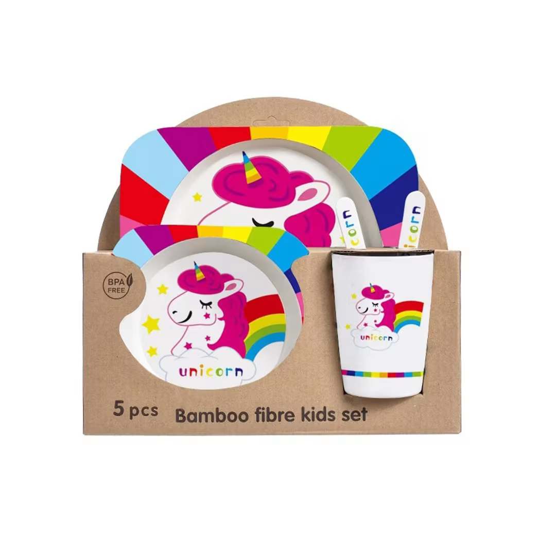 5pc Bamboo Fiber Kids Dinner Set.Make mealtime fun and eco-friendly with this adorable Bamboo Fiber Kids Dinner Set Featuring playful animal designs, this 5-piece set is made from natural bamboo fiber