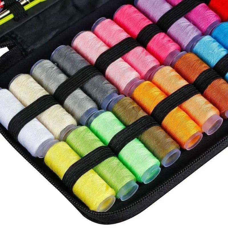 Portable Sewing Kit. Made up of 32 thread reels in assorted colors, 30 sewing needles, stainless steel scissors, a tape measure, seam ripper, fabric pencil, thimbles, and more.