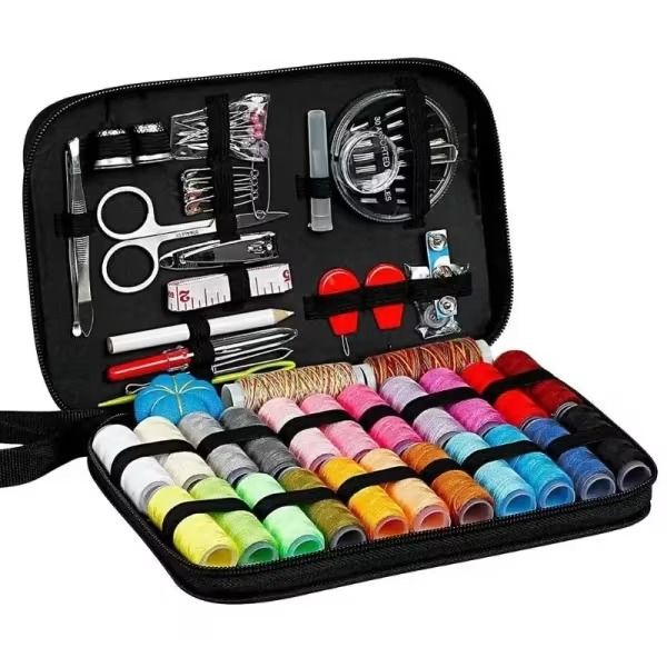 Portable Sewing Kit. Made up of 32 thread reels in assorted colors, 30 sewing needles, stainless steel scissors, a tape measure, seam ripper, fabric pencil, thimbles, and more.