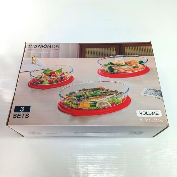 3pc 1.5L, 2L & 3L Oval Glass Baking Dish Set with Lids