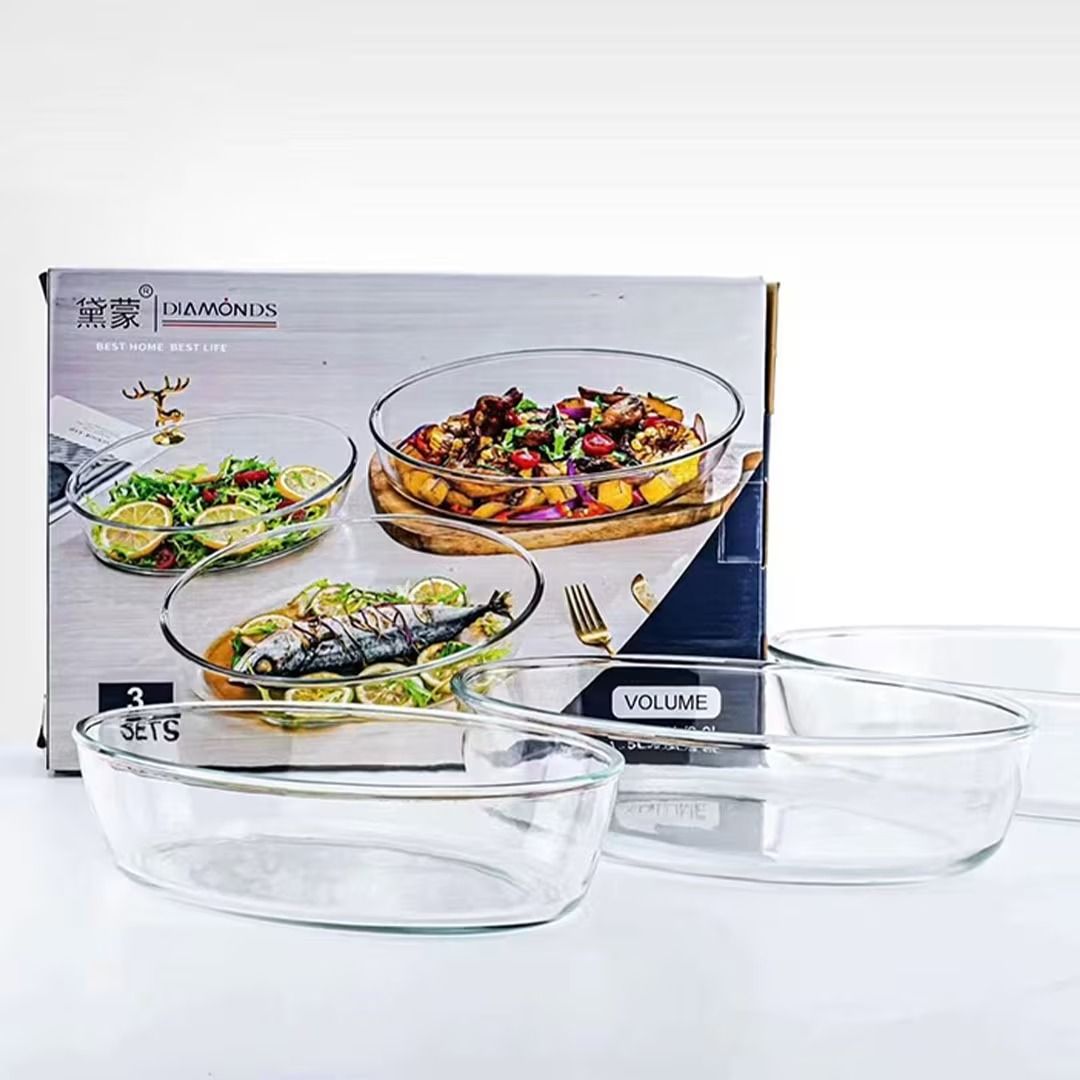 3pc 1.5L, 2L & 3L Oval Glass Baking Dish Set