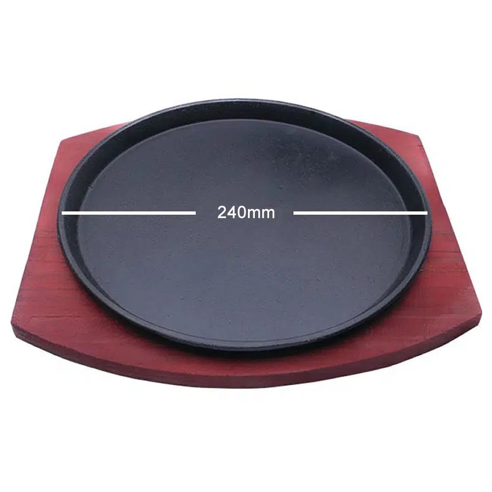 Cast Iron Hot Sizzling Plate on Wooden Tray – Back in Stock Cooking & Serving Set, Oval & Round Options, Heat Retaining Steak Plate, Ideal for Restaurants and Home Kitchens